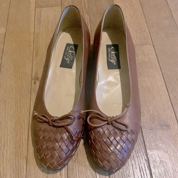 Braided leather ballet flats with bow / low heel pumps - Picture 1 of 6